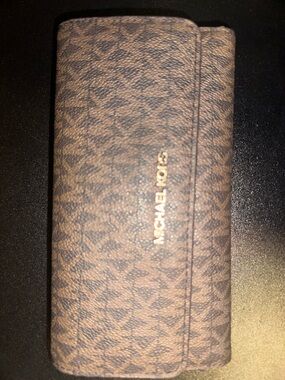Michael Kors Brown Monogram Zip Continental Wallet with Gold Hardware